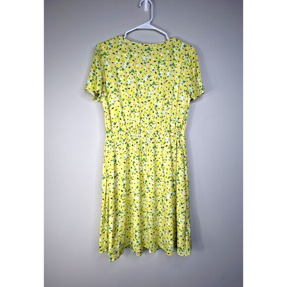 Loft Floral Pintucked Pleated Yellow Side Tie Button Flutter Sleeves Dress Sz S - Picture 9 of 12
